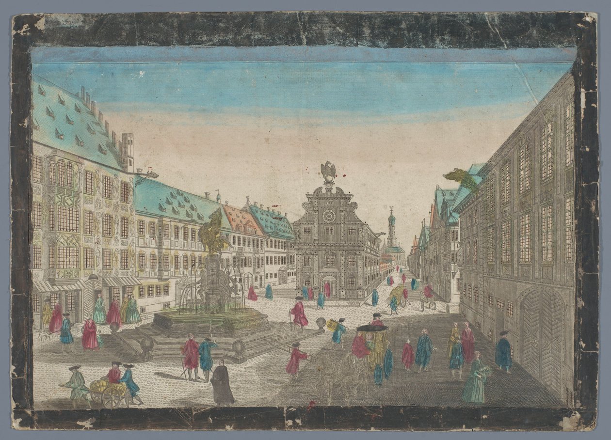 Gezicht op de wijnmarkt te Augsburg Vyhlídka na vinný trh po Saltz Stadel směrem na S. Ulrich do Augspurgu (název na objektu) od Georg Balthasar Probst (possibly)