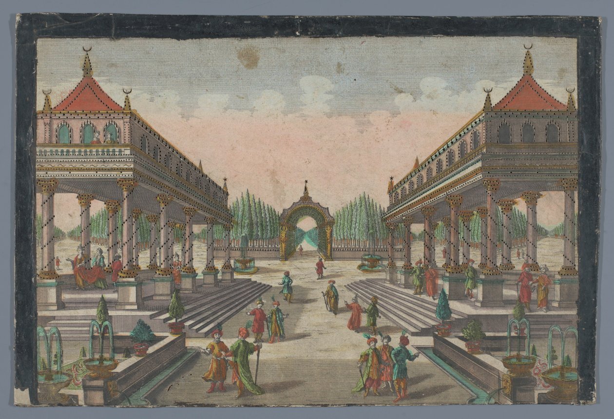 Pohled na kolonádu směrem k cypřišové zahradě v Konstantinopoli Colonnata v Groß-Sultans Lust-Garten od Georg Balthasar Probst (possibly)