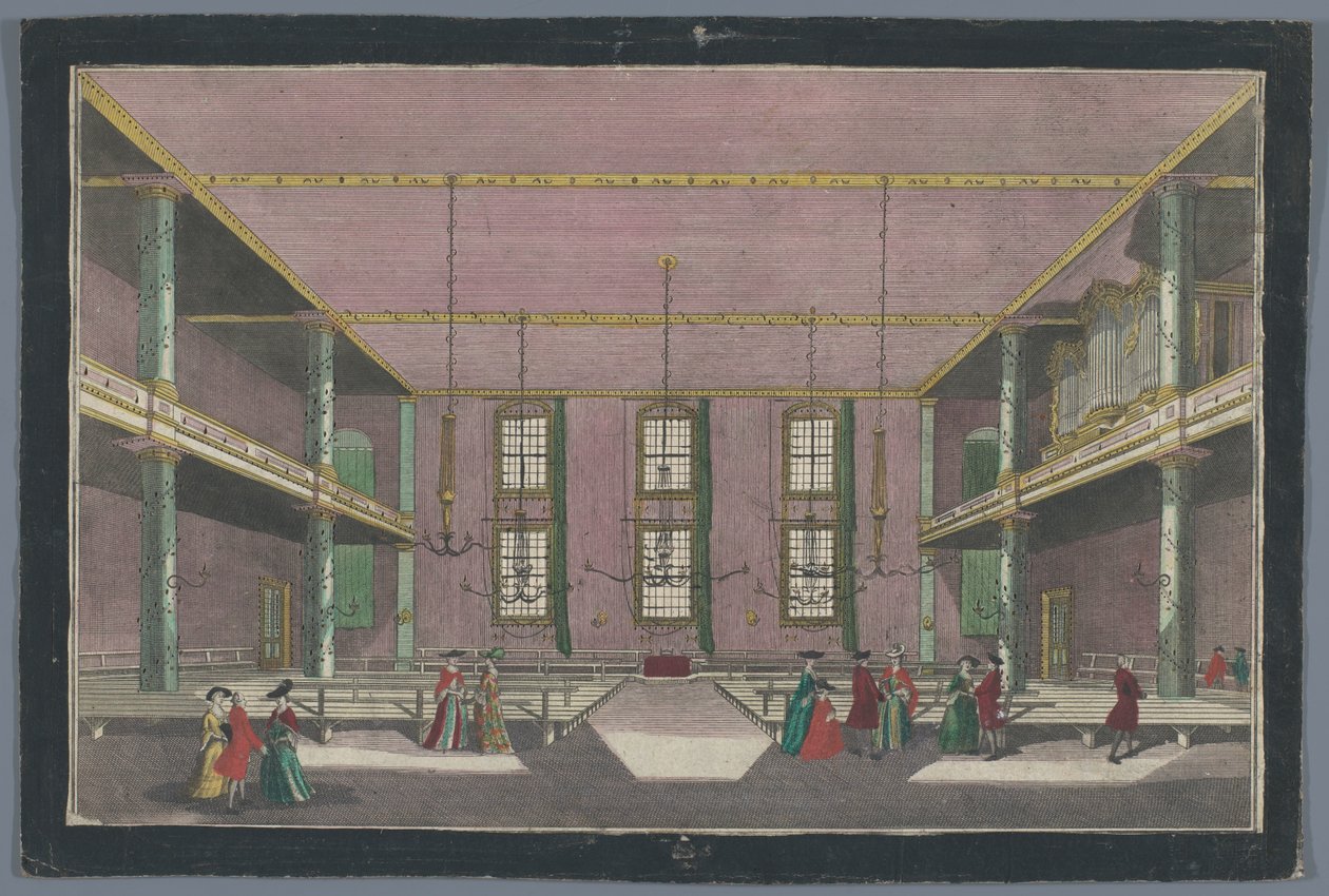 Pohled do interiéru Kerk van de Broedergemeente v Zeist Místo setkání bratrské komunity v Zeyst von Innen od Georg Balthasar Probst (possibly)