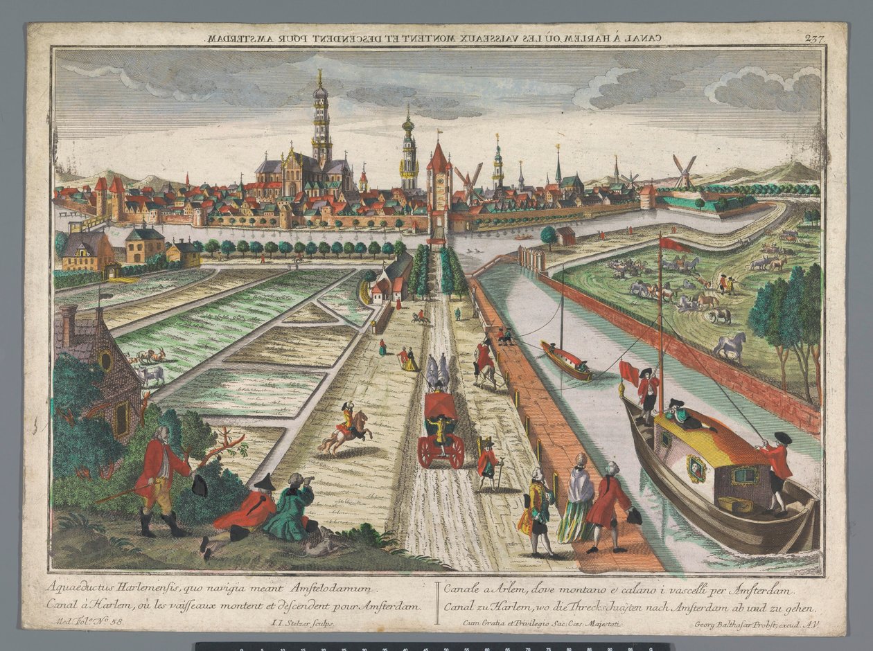 Pohled na Amsterdamský kanál v Haarlemu Canal zu Harlem, st. Threckschuijten po Amsterdamu ab und zu gehen (název na objektu) Haarlem (název série) od Georg Balthasar Probst