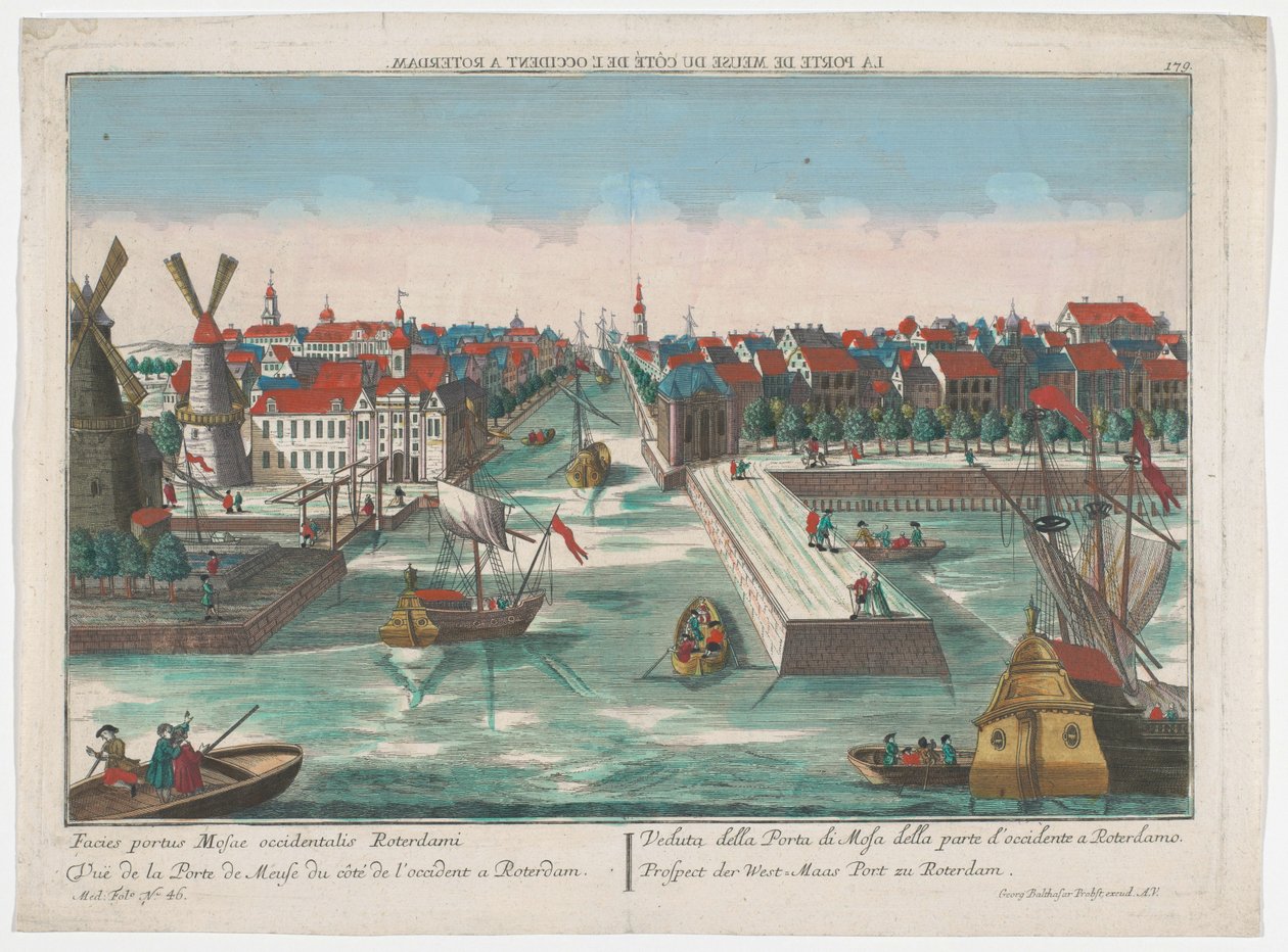 Pohled na Wester Nieuwe Hoofdpoort a Ooster Nieuwe Hoofdpoort v Rotterdamu Prospect der West-Maas Port zu Rotterdam (název na objektu) Rotterdam (název série) od Georg Balthasar Probst