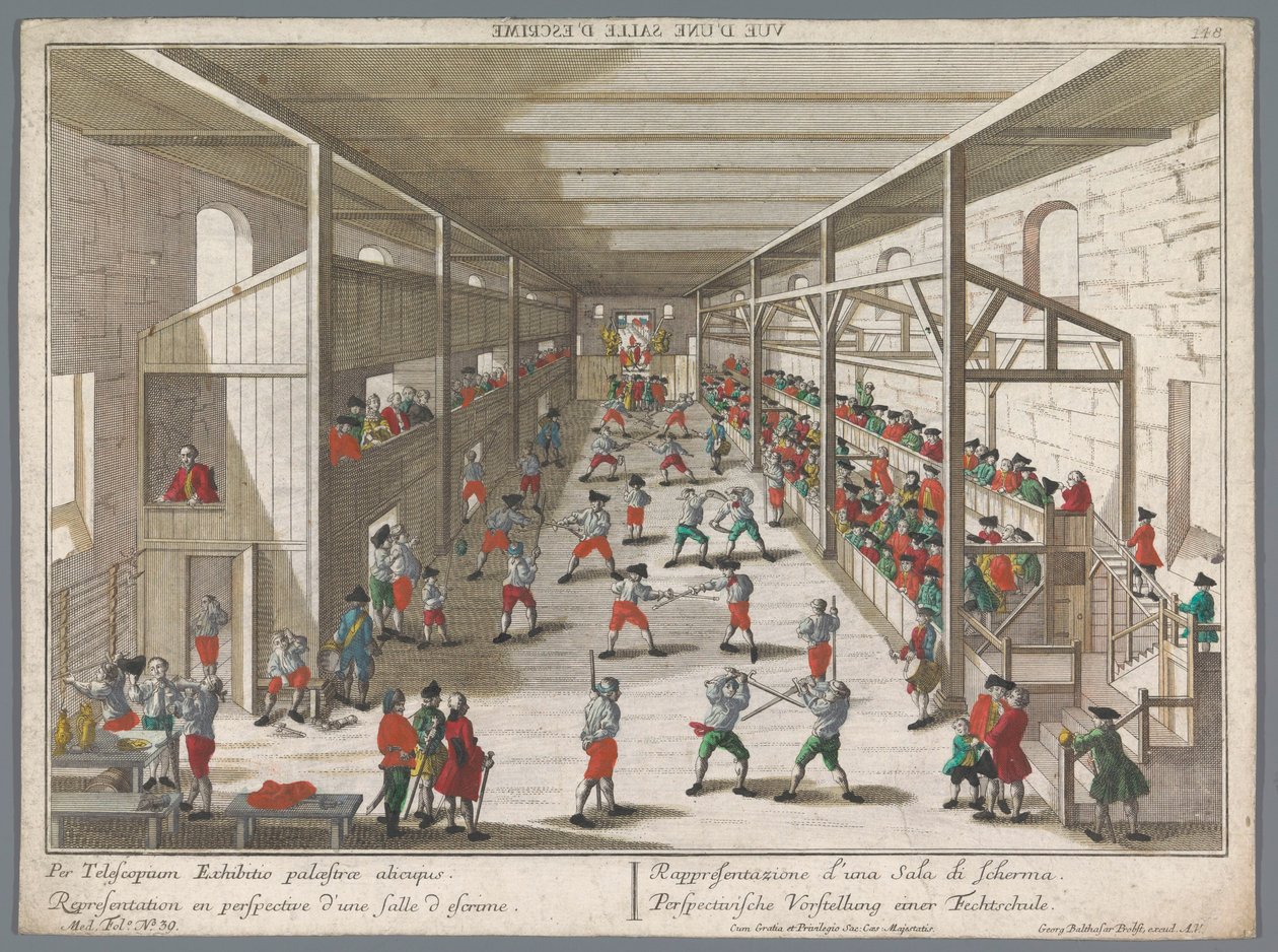 Pohled na školu šermu Perspectivische Vorstellung einer Fechtschule (název na objektu) Turnajové a šermířské školy (název série) od Georg Balthasar Probst