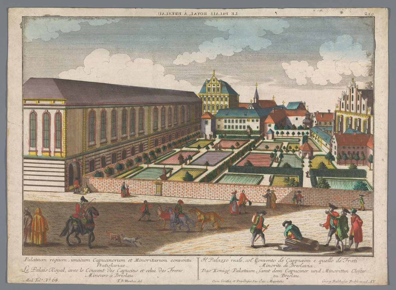 Pohled na královský palác a klášter menších bratří kapucínů ve Wroclawi Das Könige Palatium, samt dem Capuciner und Minoritten Closter zu Breslau (název na objektu) Wroclaw (název série) od Georg Balthasar Probst