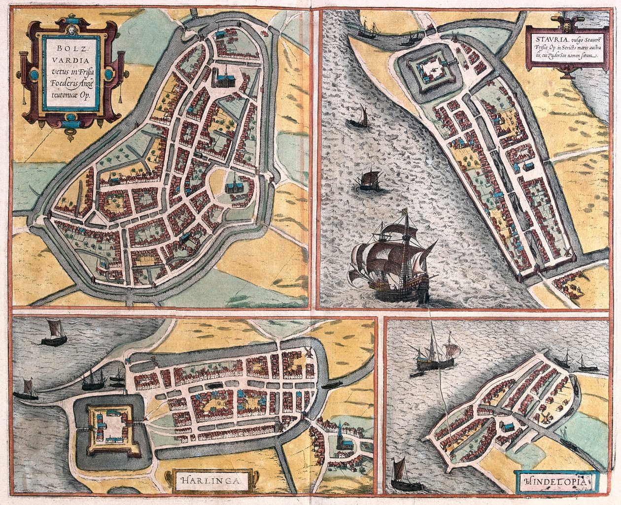 Bolsward, Stavoren, Harlingen a Hindelopen, Nizozemsko - v "Civitates Orbis Terrarum" od Georga Brauna, Kolín nad Rýnem 1617 od Georg Braun