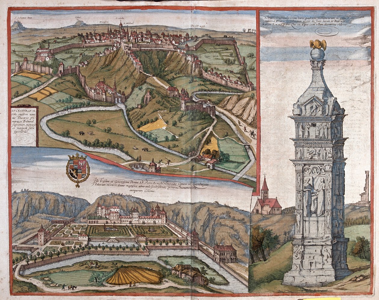 Lucemburk, památník Igel a palác Mansfeld Ardeny, Nízká země - v "Civitates Orbis Terrarum" Georga Brauna, Kolín nad Rýnem 1617 od Georg Braun