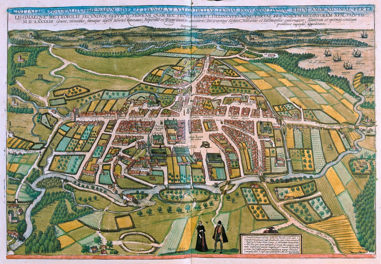 Plán města Odense v Dánsku v knize "Civitates Orbis Terrarum" od Georga Brauna, Kolín nad Rýnem 1617 od Georg Braun