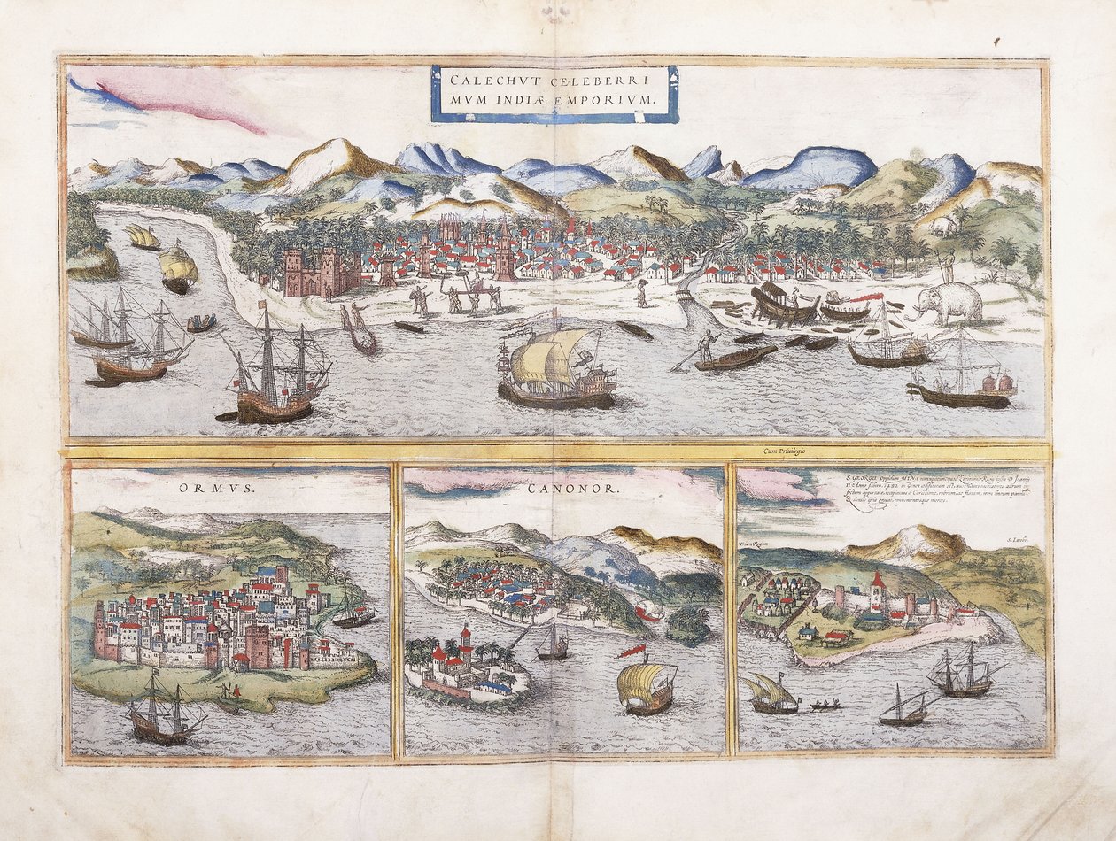 Pohled na Kalkatu v Indii a pod menšími pohledy na Ormuz u vstupu do Perského zálivu, Canonor v Indii a portugalskou pevnost El Mina v západní Africe, 1572 od Georg Braun