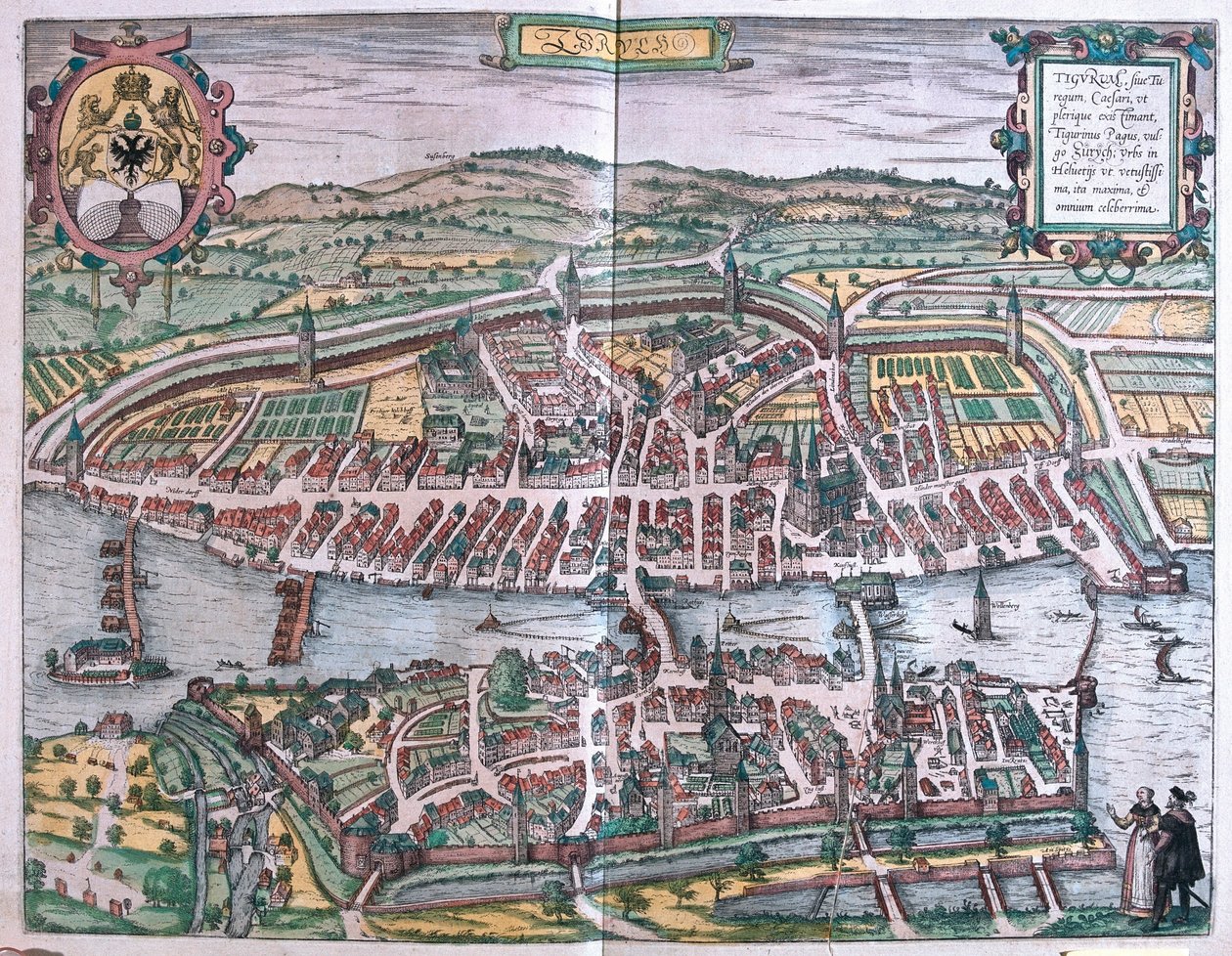 Curych, Švýcarsko - v knize "Civitates Orbis Terrarum" od Georga Brauna, Kolín nad Rýnem 1617 od Georg Braun