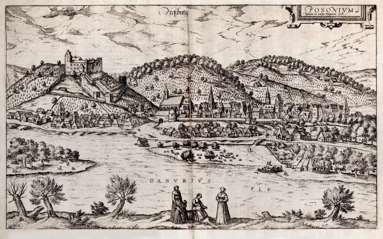Pressburg Bratislava. Z: Terárium Civitates orbis, 1588 od Georg Braun und Franz Hogenberg