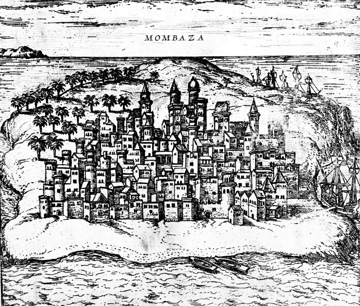 Pohled na Mombazu z knihy Georga Braunse Civitates orbis terrarum, vydané v roce 1572 detail rytiny 483404 od Georg Braun und Franz Hogenberg