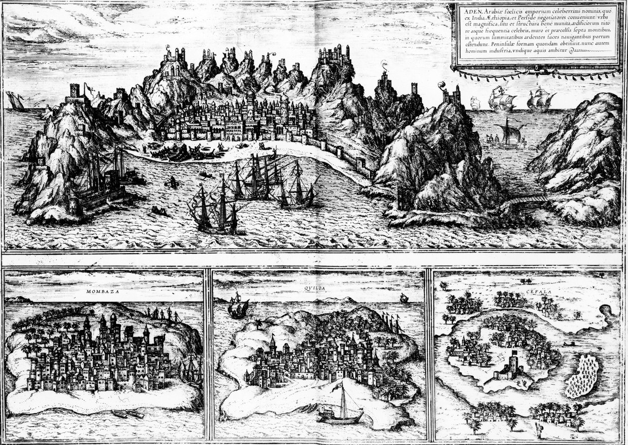 Pohledy na Aden, Mombazu, Quiloa a Cefalu z knihy Georga Brauna „Civitates orbis terrarum“, publikované v roce 1572 od Georg Braun und Franz Hogenberg