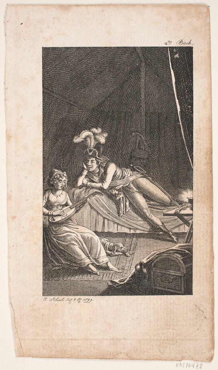 Ilustrace s dámou hrající na loutnu pro pána ve stanu od Georg Christian Schule
