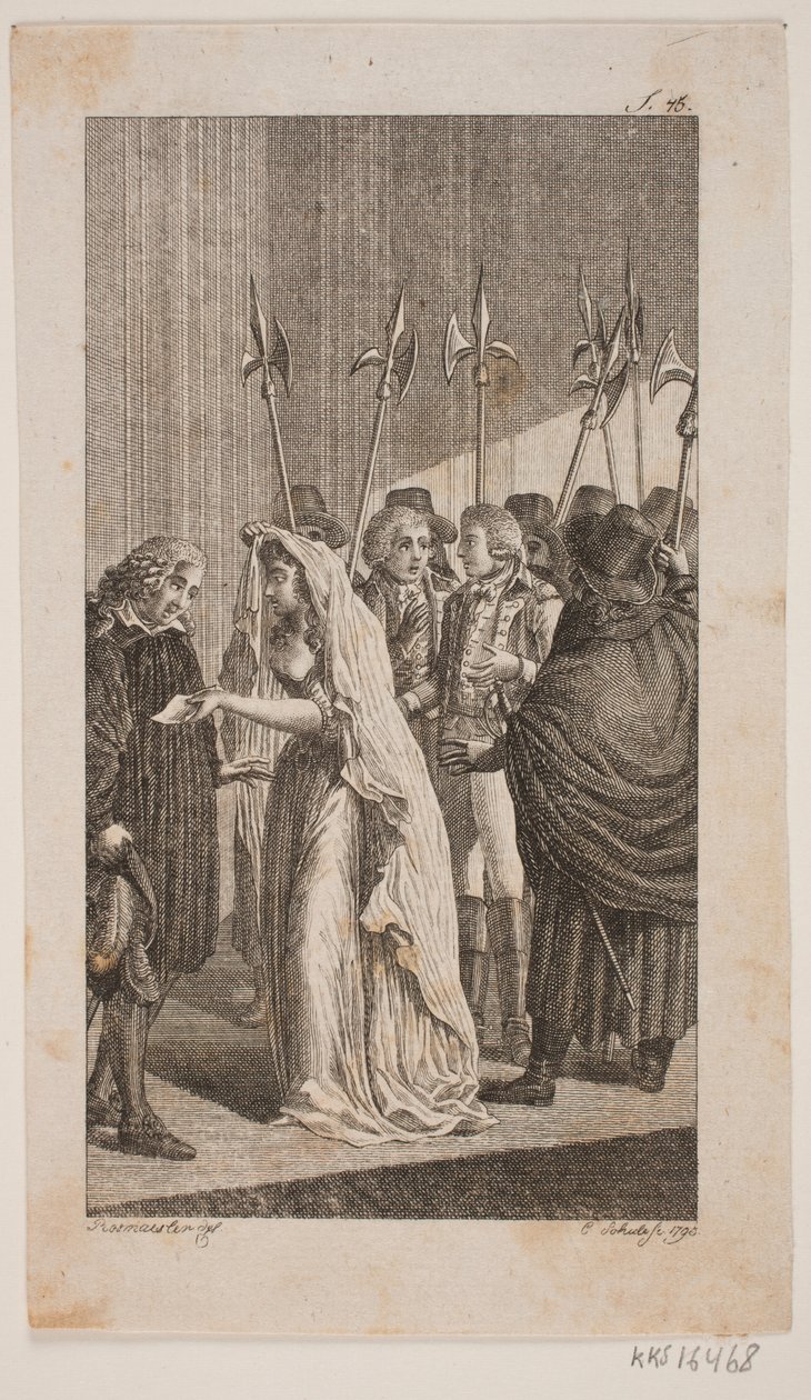 Ilustrace mladé dámy dává dopis staršímu muži. V pozadí dva pánové obklopení městskými strážemi od Georg Christian Schule