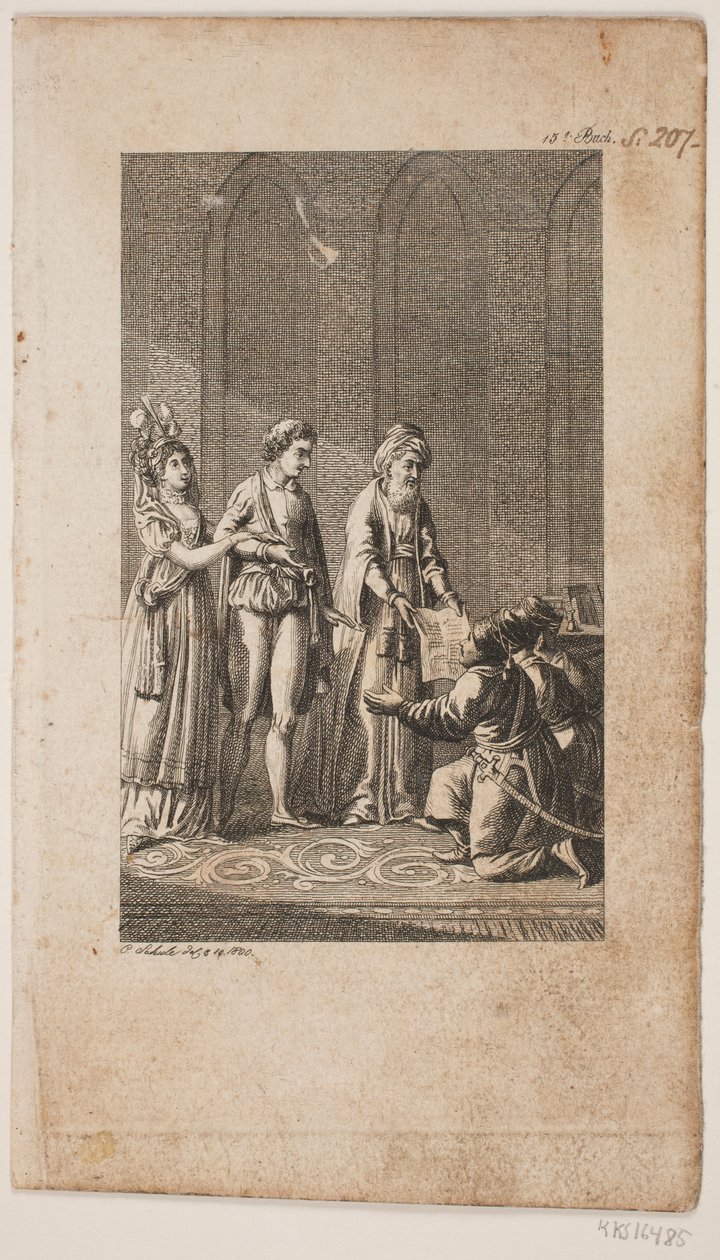 Ilustrace s mladým párem s orientálním a třemi klečícími tureckými vojáky od Georg Christian Schule