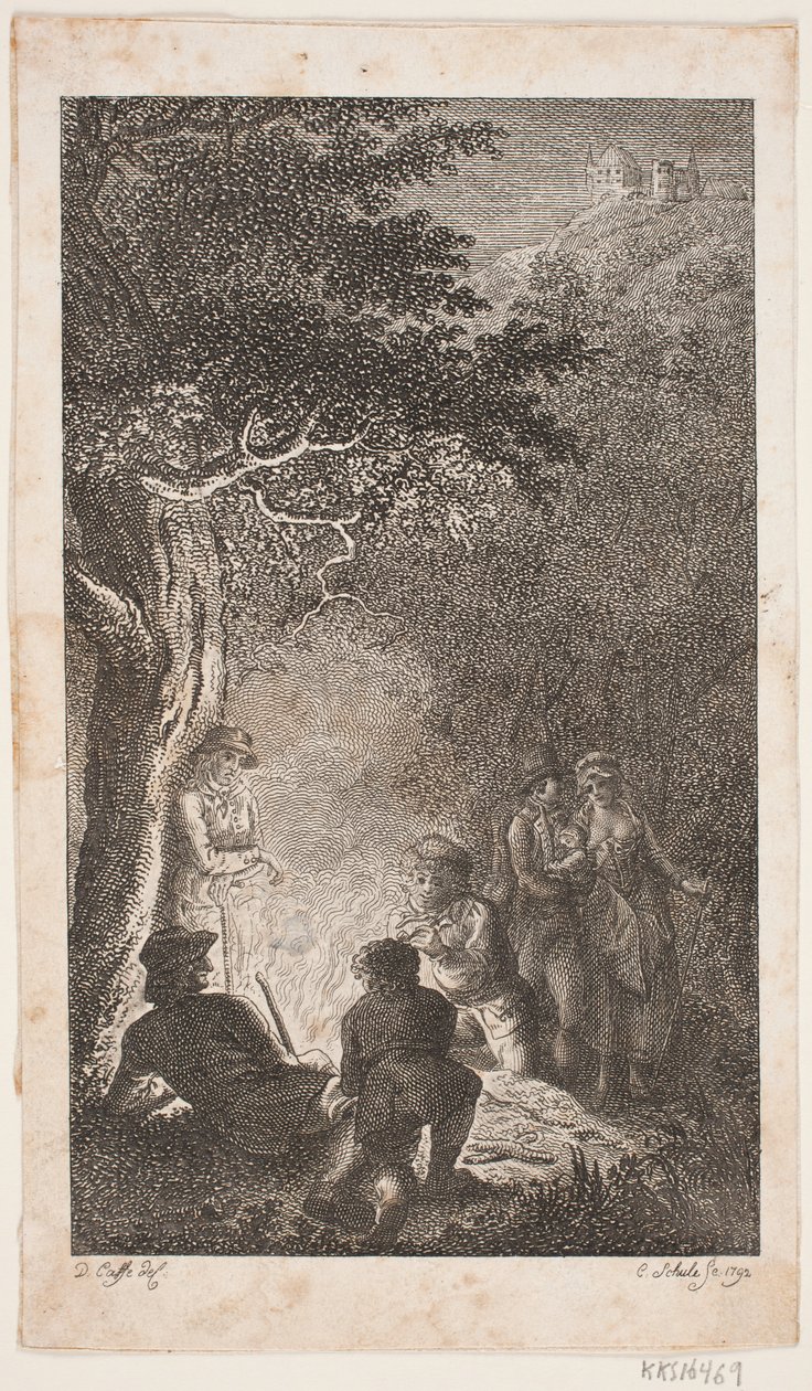 Ilustrace s postavami kolem ohně od Georg Christian Schule