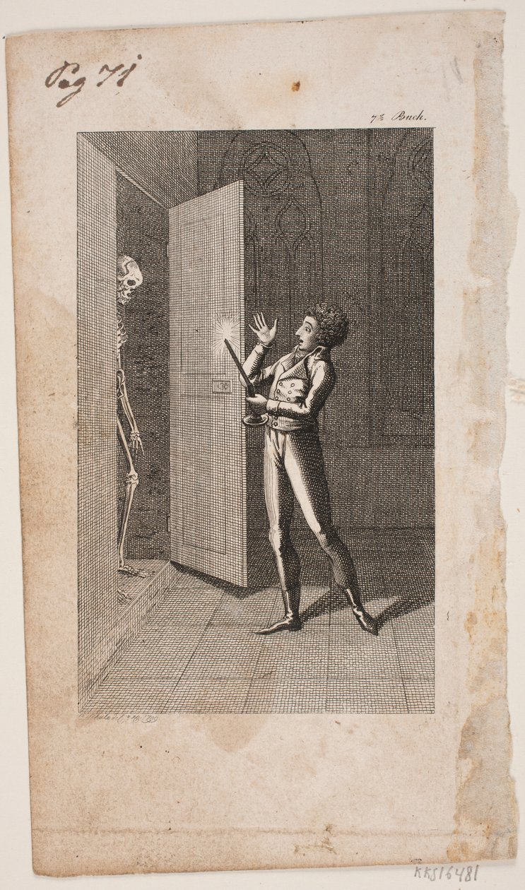Ilustrace s mladým mužem a kostrou od Georg Christian Schule