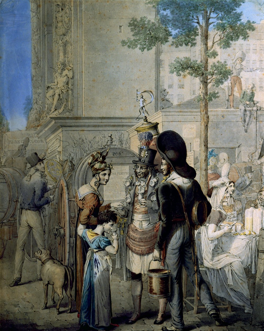 Obchodník s kokosem Porte Saint Denis v Paříži. Starý obchodník prodávající kokosové poháry v ulicích Paříže. Kresba Němce George Emanuela Opitze (1775-1841), Paříž. Muzeum karnevalu od Georg Emanuel Opitz