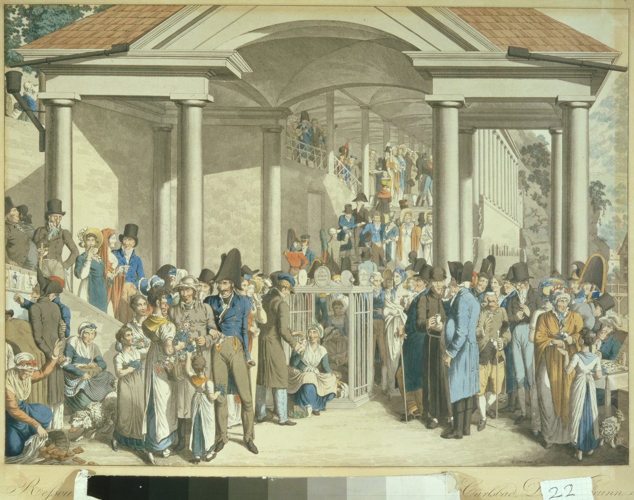 Zdravotní obec u kašny Karlsbader, 1810 (kresba akvatinta) od Georg Emanuel Opitz