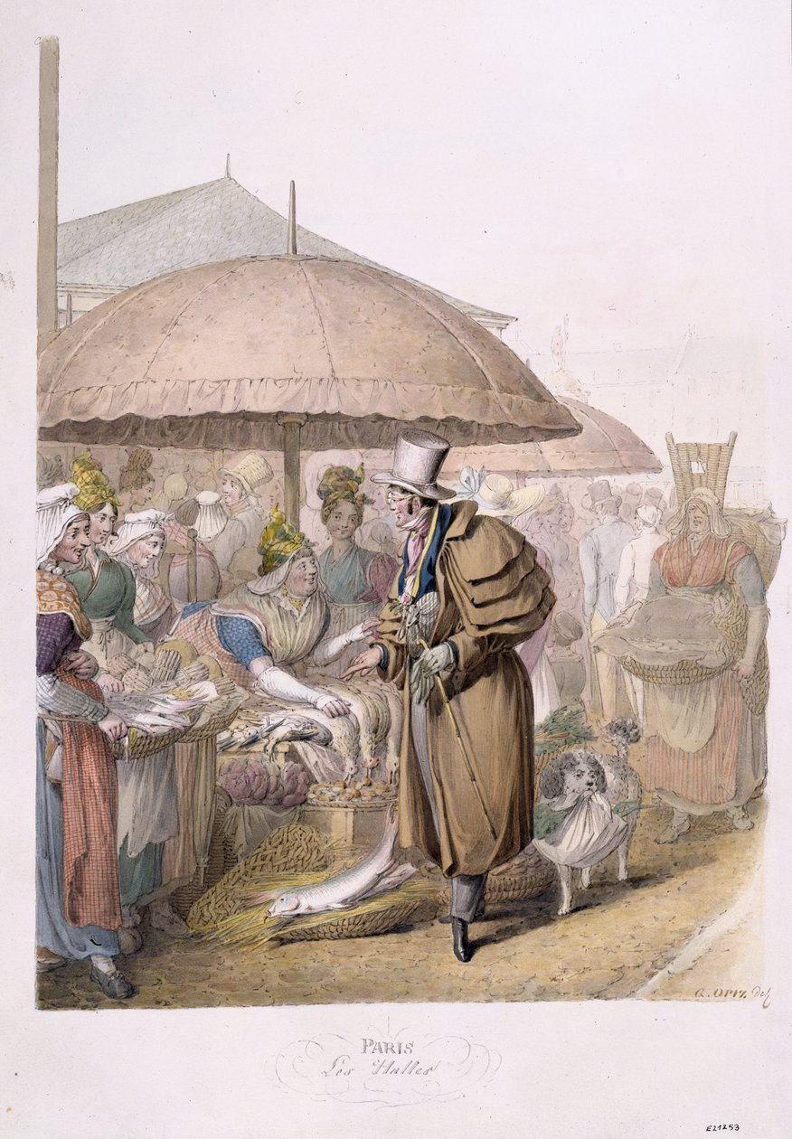 Trhy v Les Halles, 1831 (wc na papíře) od Georg Emanuel Opitz