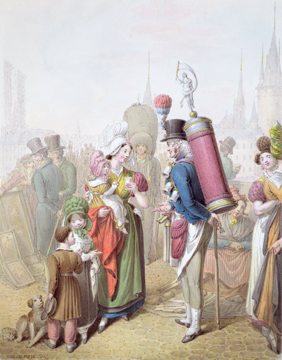Pont Notre-Dame, cca 1810 (wc na papíře) od Georg Emanuel Opitz