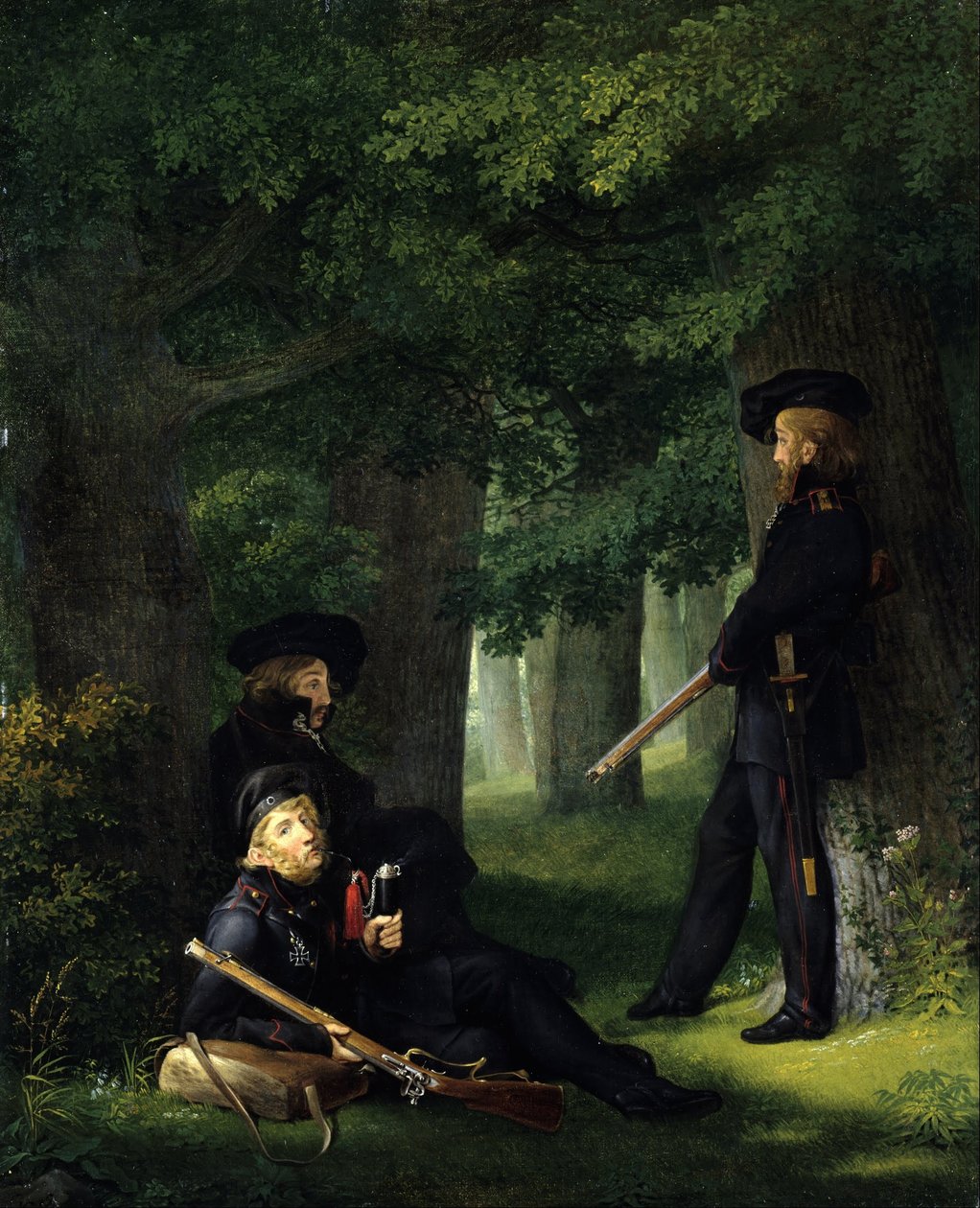 Německy: Theodor Körner, Friedrich Friesen a Heinrich Hartmann na základně Na základně od Georg Friedrich Kersting
