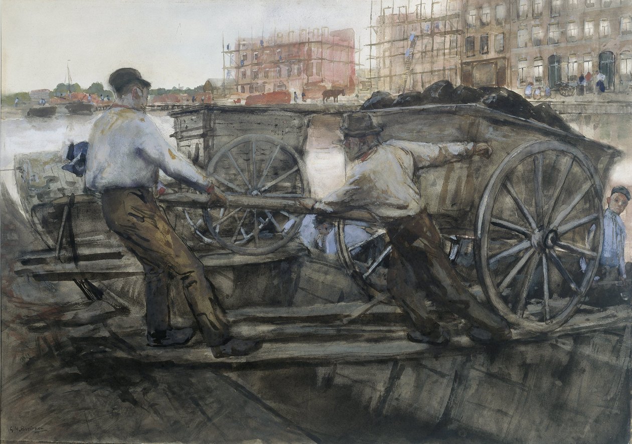 Dělníci táhnoucí těžce nakládací vozík na Jacob van Lennepkade, Amsterdam, 1900 od George Hendrik Breitner