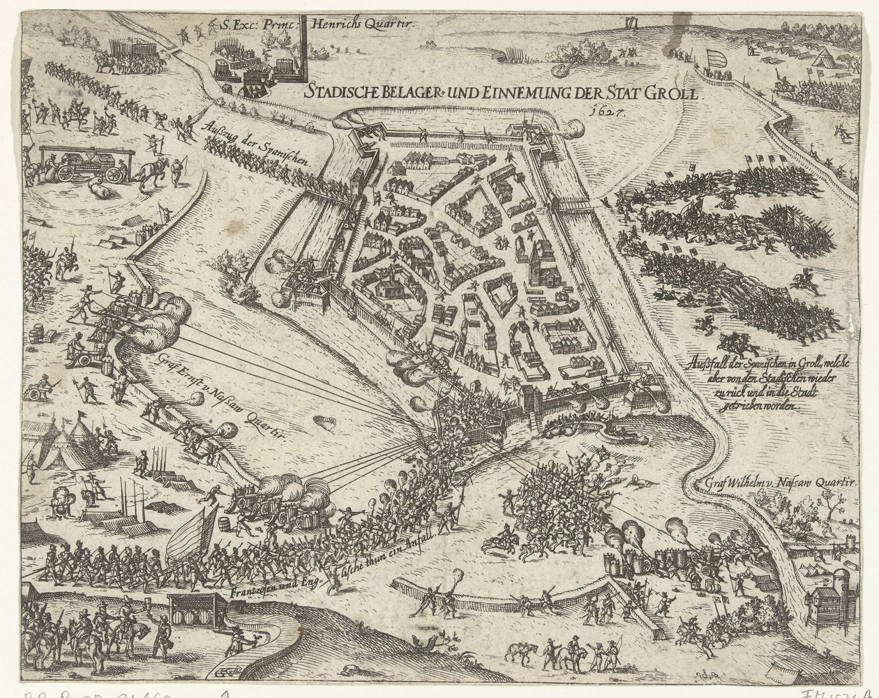 Obléhání Grolu od Frederika Hendrika, 1627 Stadische belager- und einnemung der stat Groll. 1627 (název na objektu) od Georg Keller
