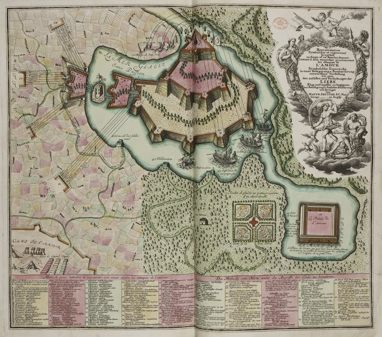 Alegorická mapa obléhání hradu lásky od Georg Matthäus Seutter