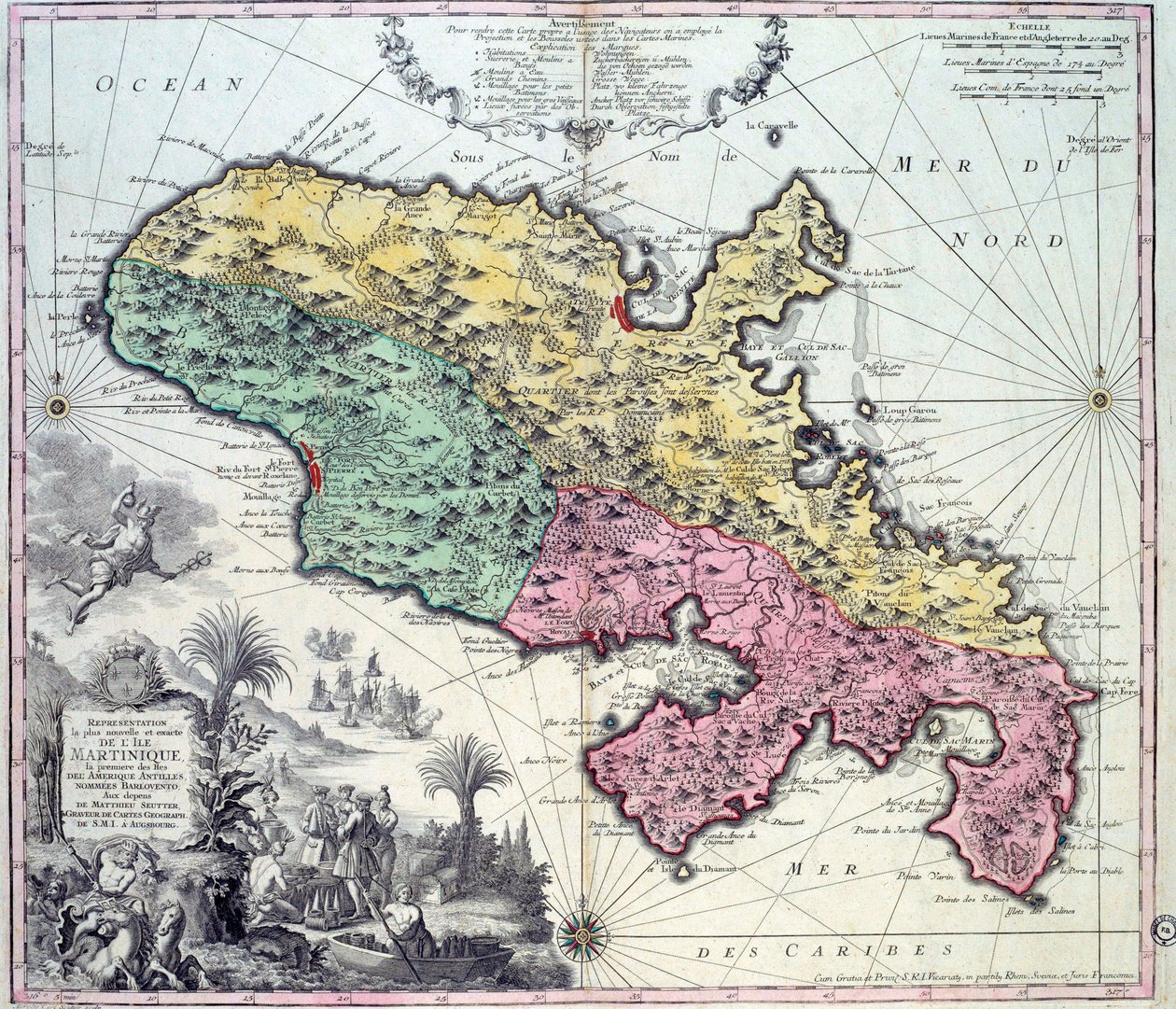Podrobná mapa ostrova Martinik v Západní Indii. Rytina Matthew Seutter (1678-1757) Chartres 18. století, Musee des Beaux Arts od Georg Matthäus Seutter