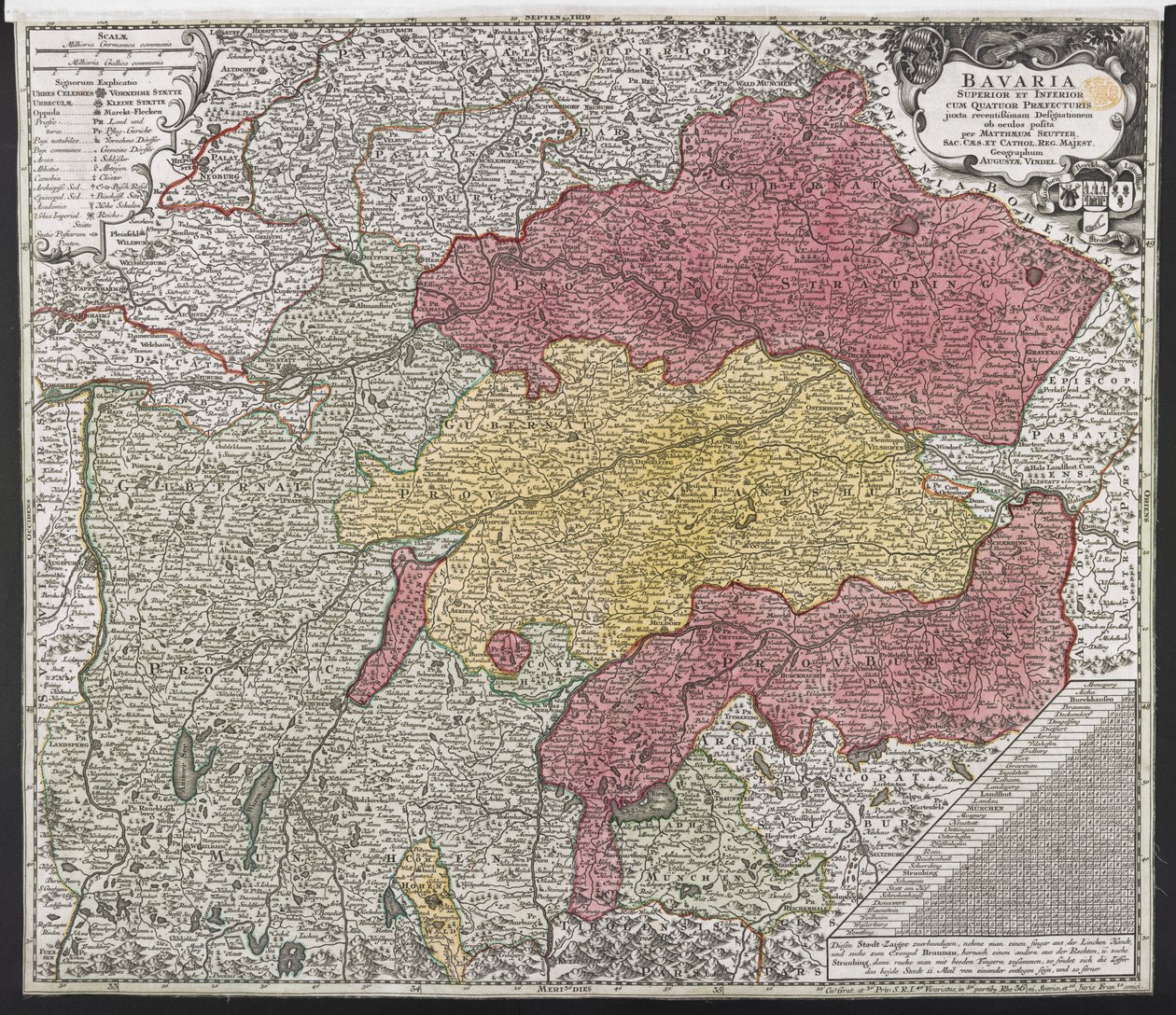 Mapa Bavorska, kolem roku 1757 (barevná rytina) od Georg Matthäus Seutter