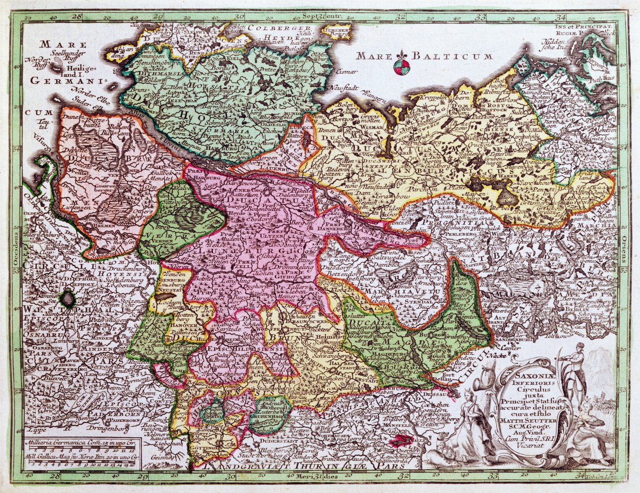 Mapa severního Německa z atlasu od Georg Matthäus Seutter