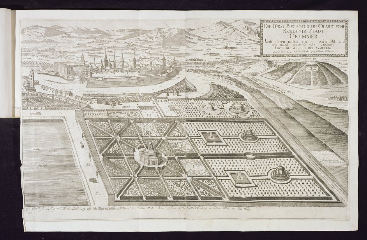 Nové zahrady v Cremsier, rezidenci prince-biskupa, publikované kolem roku 1700 od Georg Matthaus Vischer