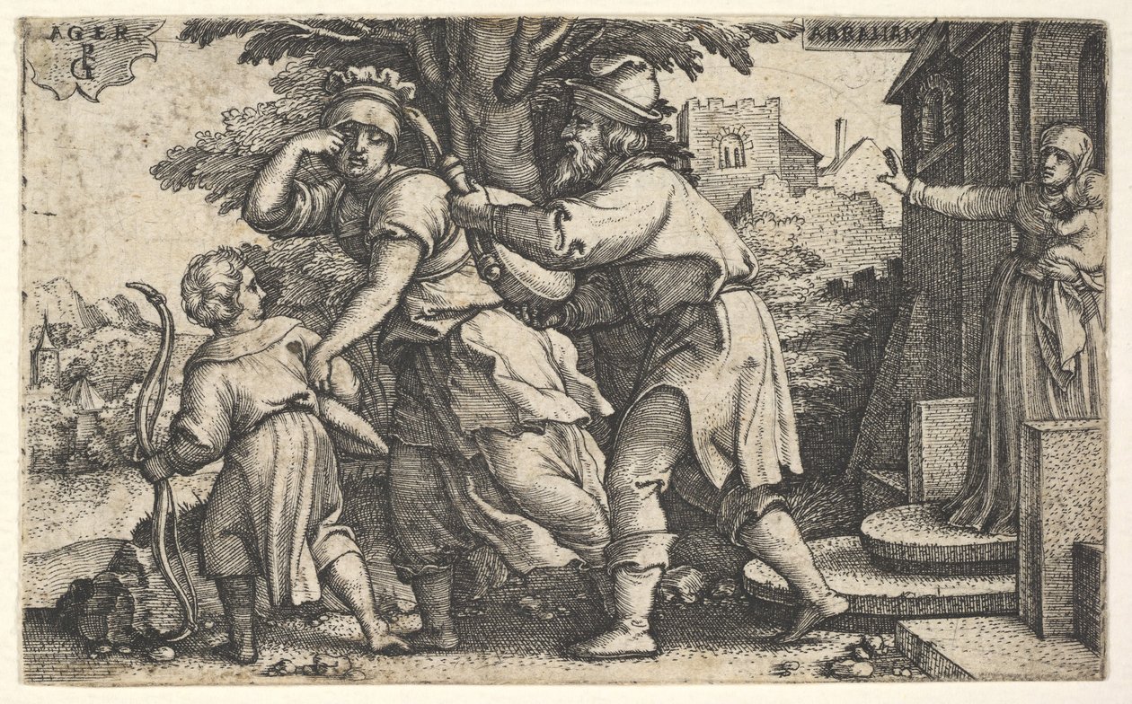Abraham posílá pryč Hagar a Ismaela: Abraham drží nádobu jako Hagar a Ishm..., ca. 1543. od Georg Pencz