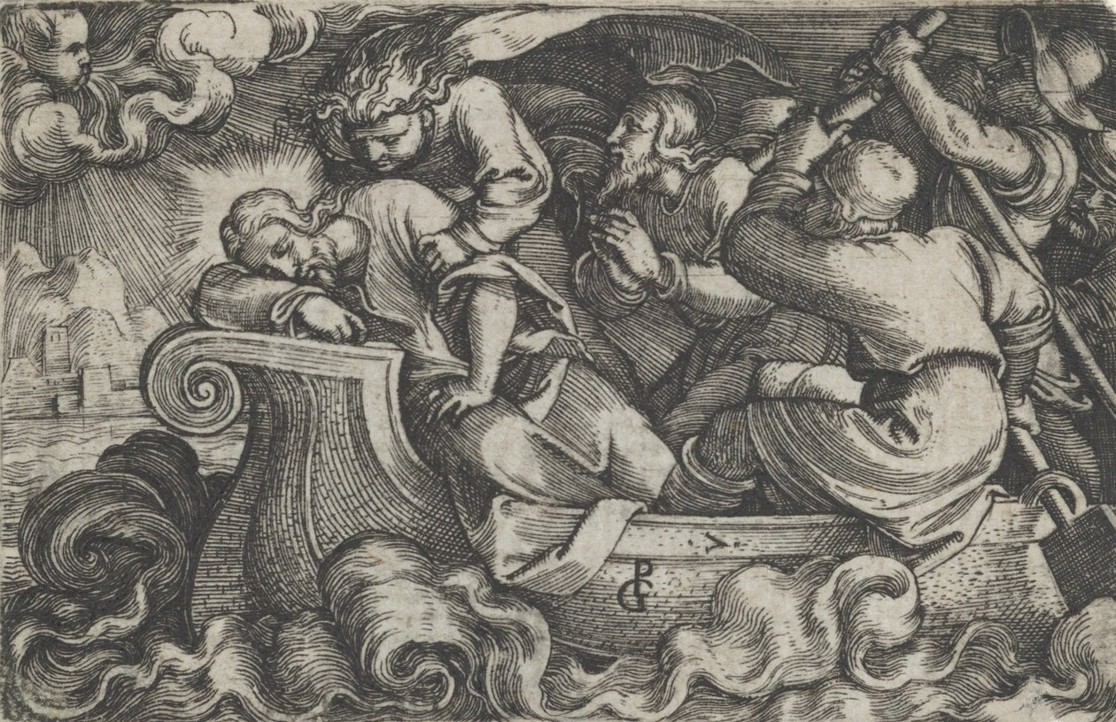 Kristus spící během bouře na Tiberiadském jezeře, z Příběhu Krista, 1534-35. od Georg Pencz