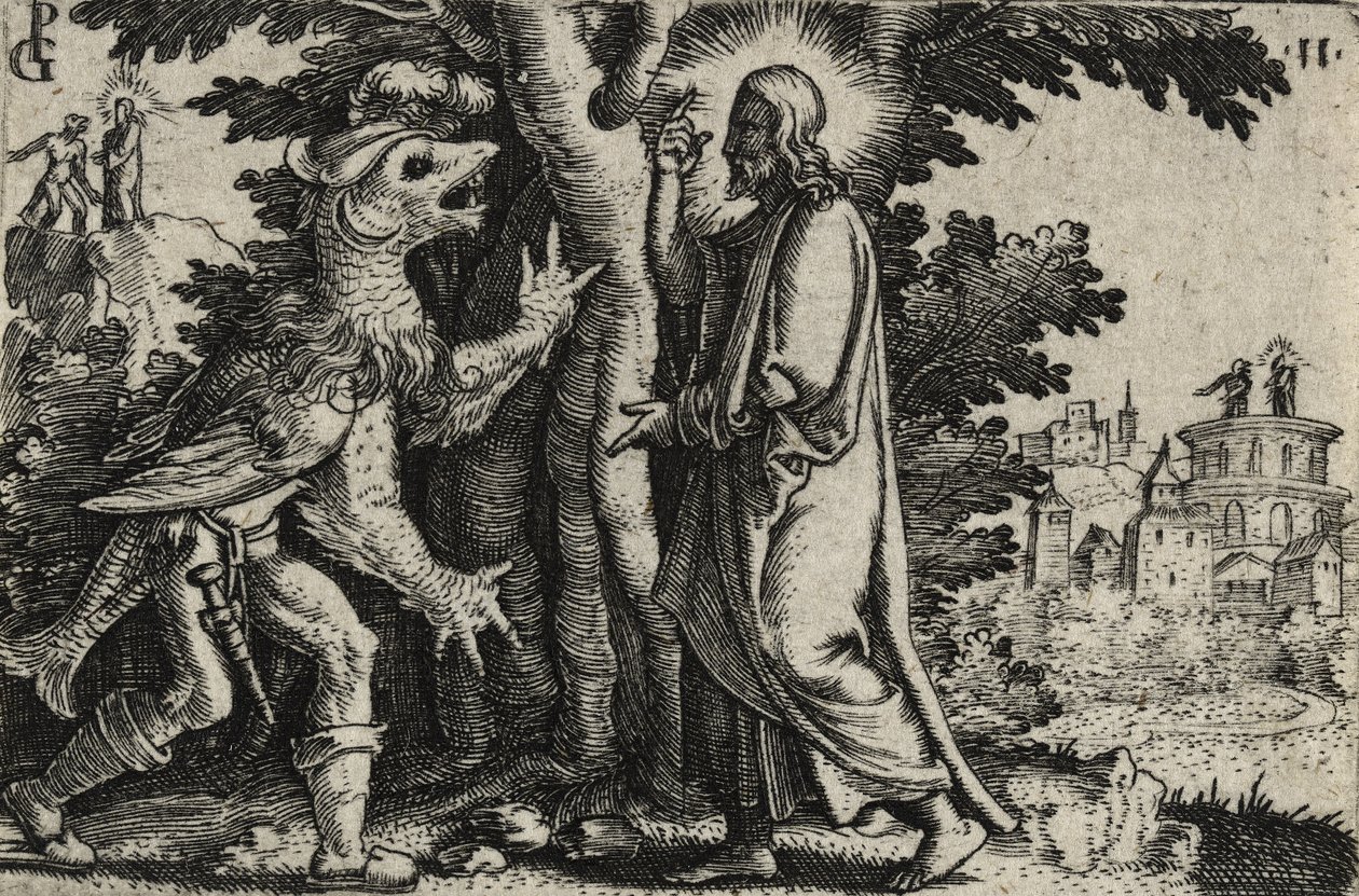 Kristus pokoušený ďáblem v poušti (rytina na položený papír) od Georg Pencz