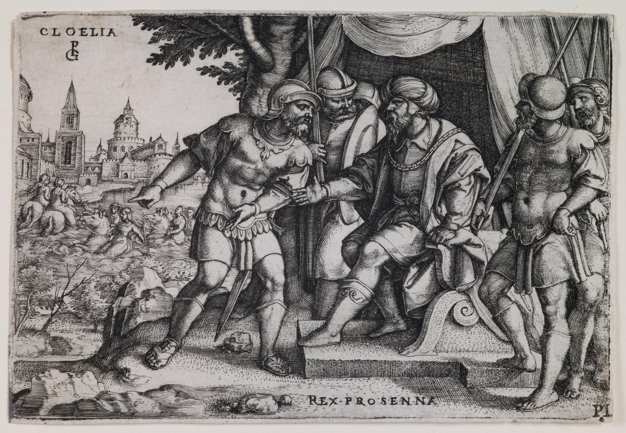 Kloelia a etruský král Porsenna, asi 1536-37 (rytina) od Georg Pencz