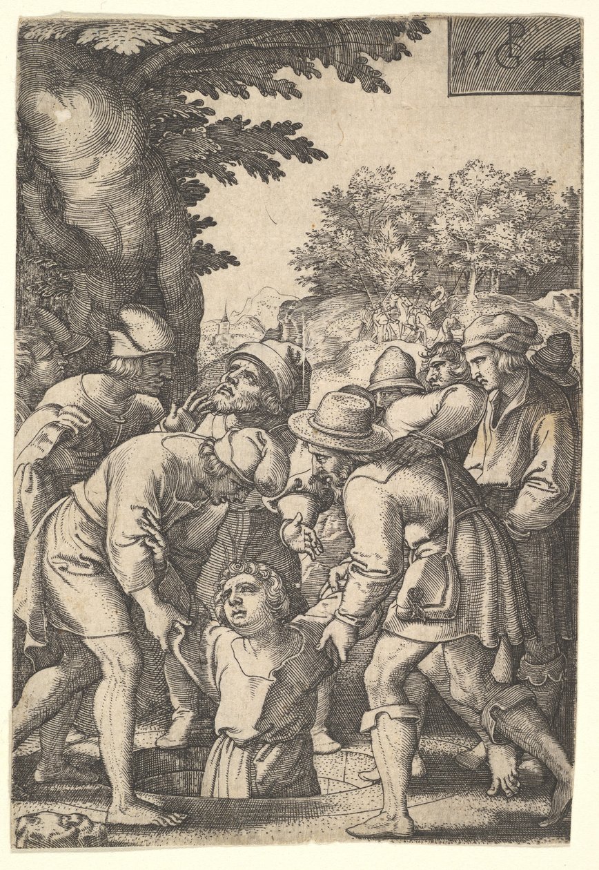 Joseph spouštěný do studny svými bratry, ze série Příběh Josefa, 1546. od Georg Pencz