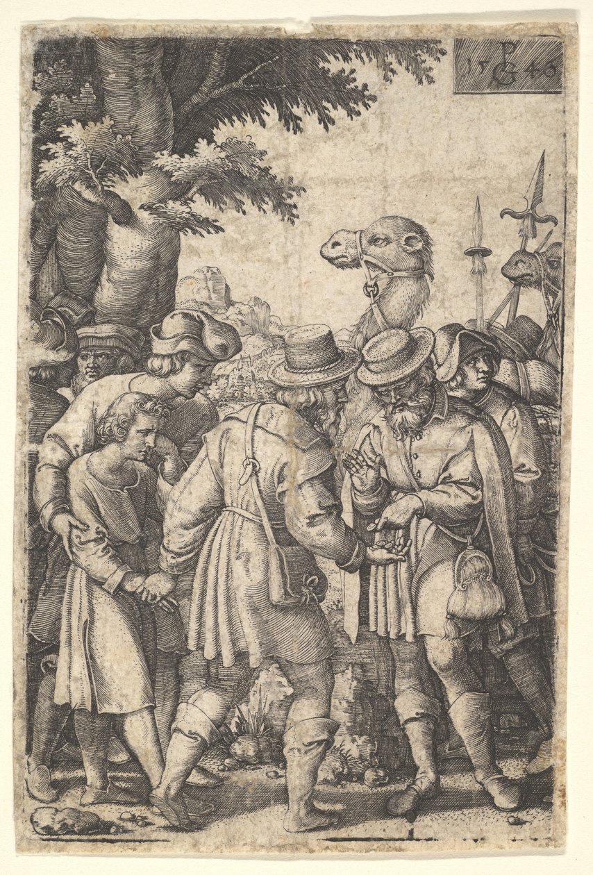 Josef prodán obchodníkům: vousatý muž, který Josefa svírá levou rukou, dostává ko..., 1546. od Georg Pencz