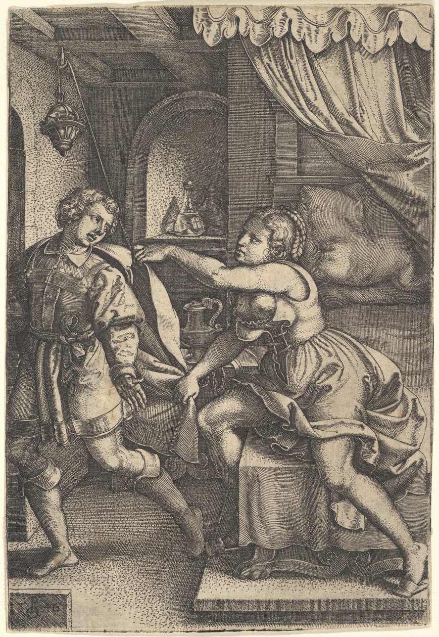 Josef odchází od Putifarovy ženy, která při sv..., 1546, svírá oběma rukama jeho plášť. od Georg Pencz