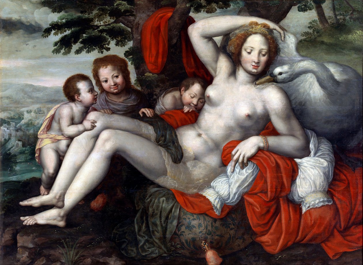 ""Leda a labuť"" - Leda a labuť od Pencz, Georg (Jorg) (1500/02-1550), polovina 16. století. - Olej na dřevě, 92x126 - Muzeum na louce, Madrid od Georg Pencz