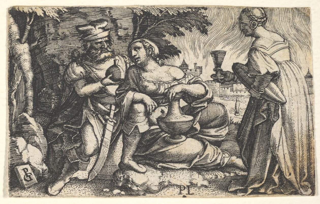 Lot a jeho dcery: dcera uprostřed spočívá pravou paží na Lotově koleni a..., ca. 1531. od Georg Pencz