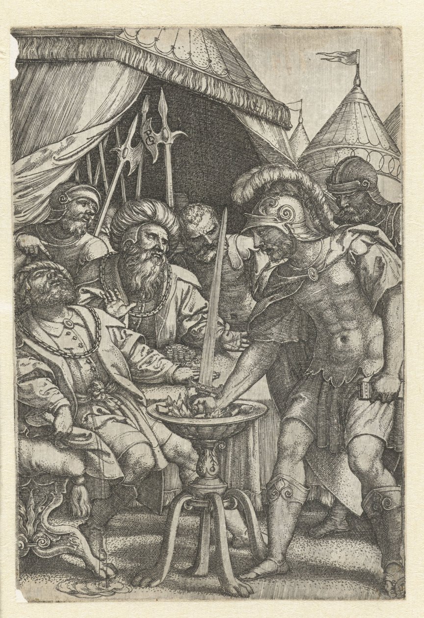 Mucius Scaevola dává pravou ruku do ohně Římští hrdinové (název série) od Georg Pencz