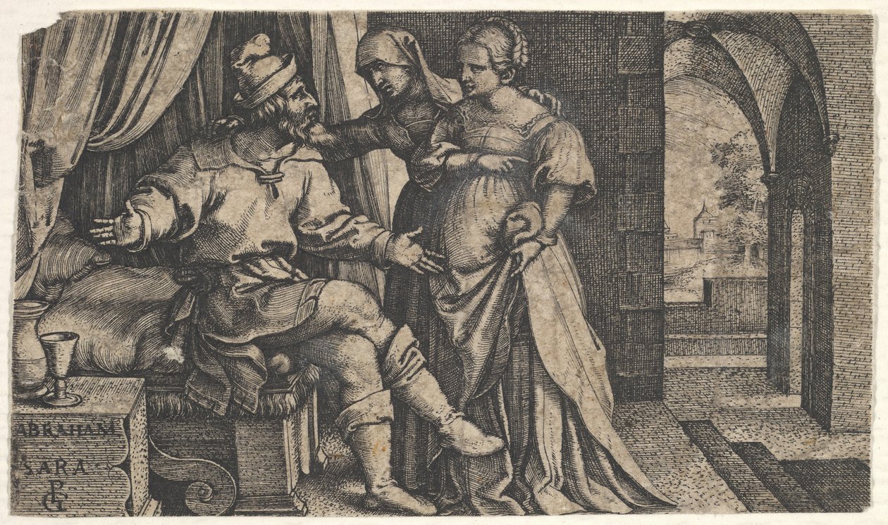 Sarah představuje Hagar Abrahamovi, který sedí u nohou postele, ze série The..., ca. 1543. od Georg Pencz