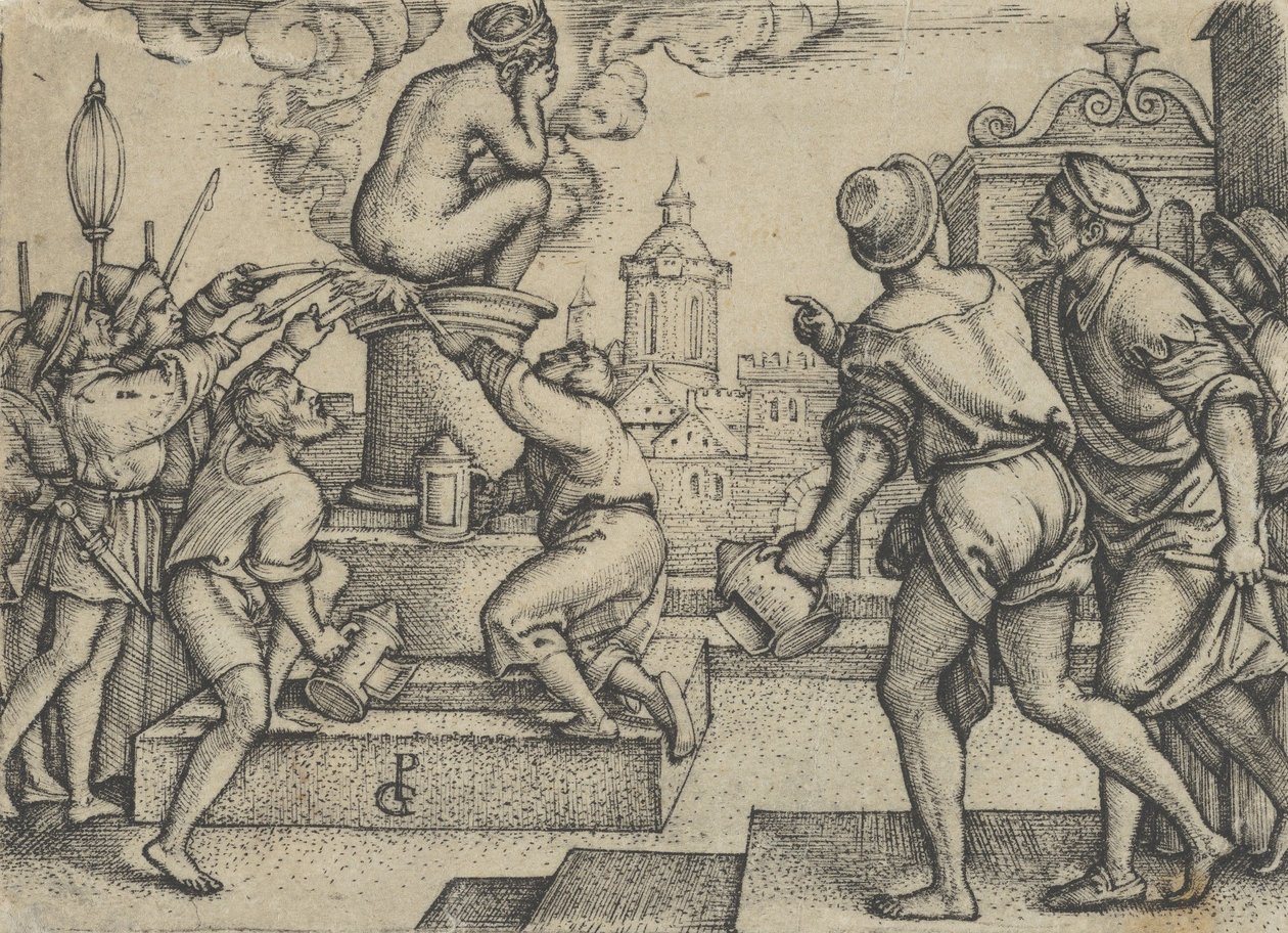 Kurtizána potrestána, z Příběhu kouzelníka Virgila. od Georg Pencz