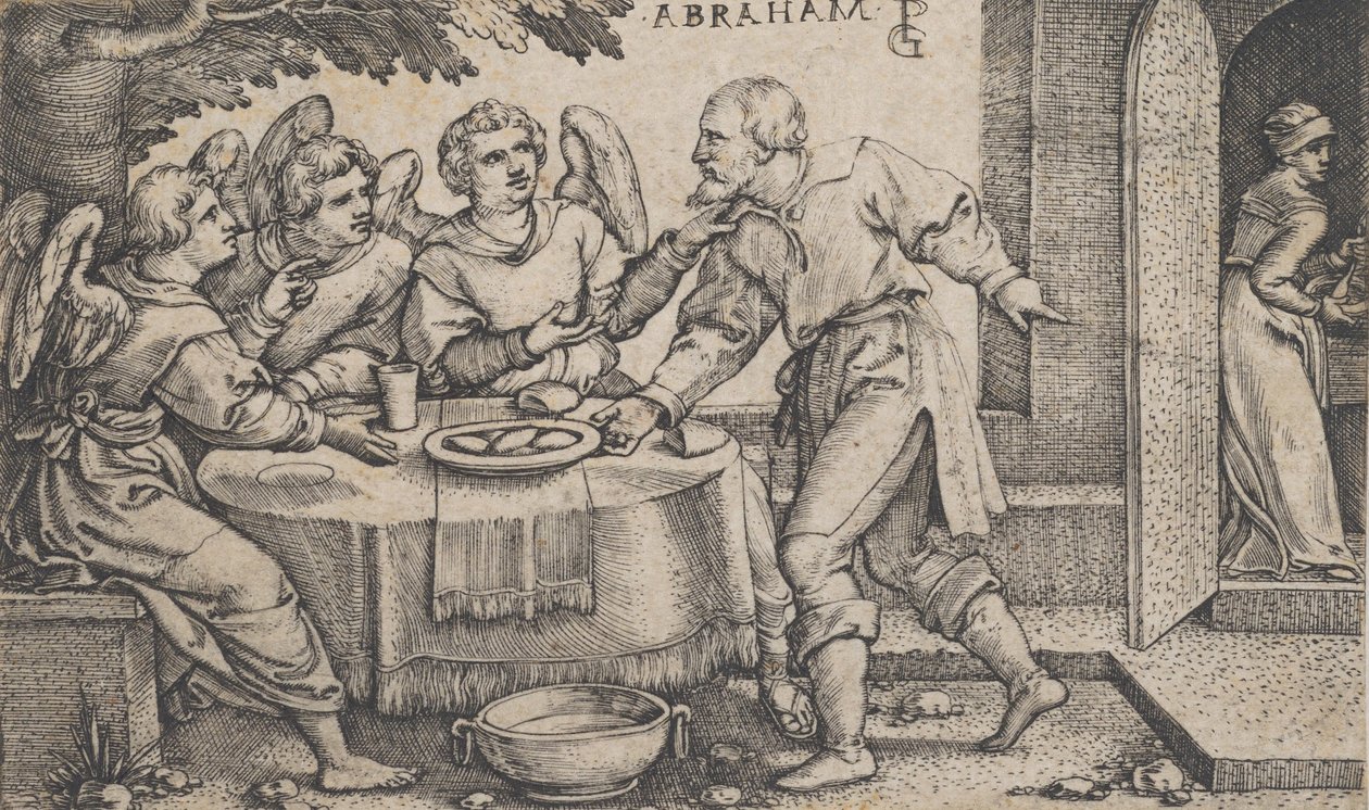 Tři andělé na návštěvě u Abrahama, z Příběhu Abrahama. od Georg Pencz