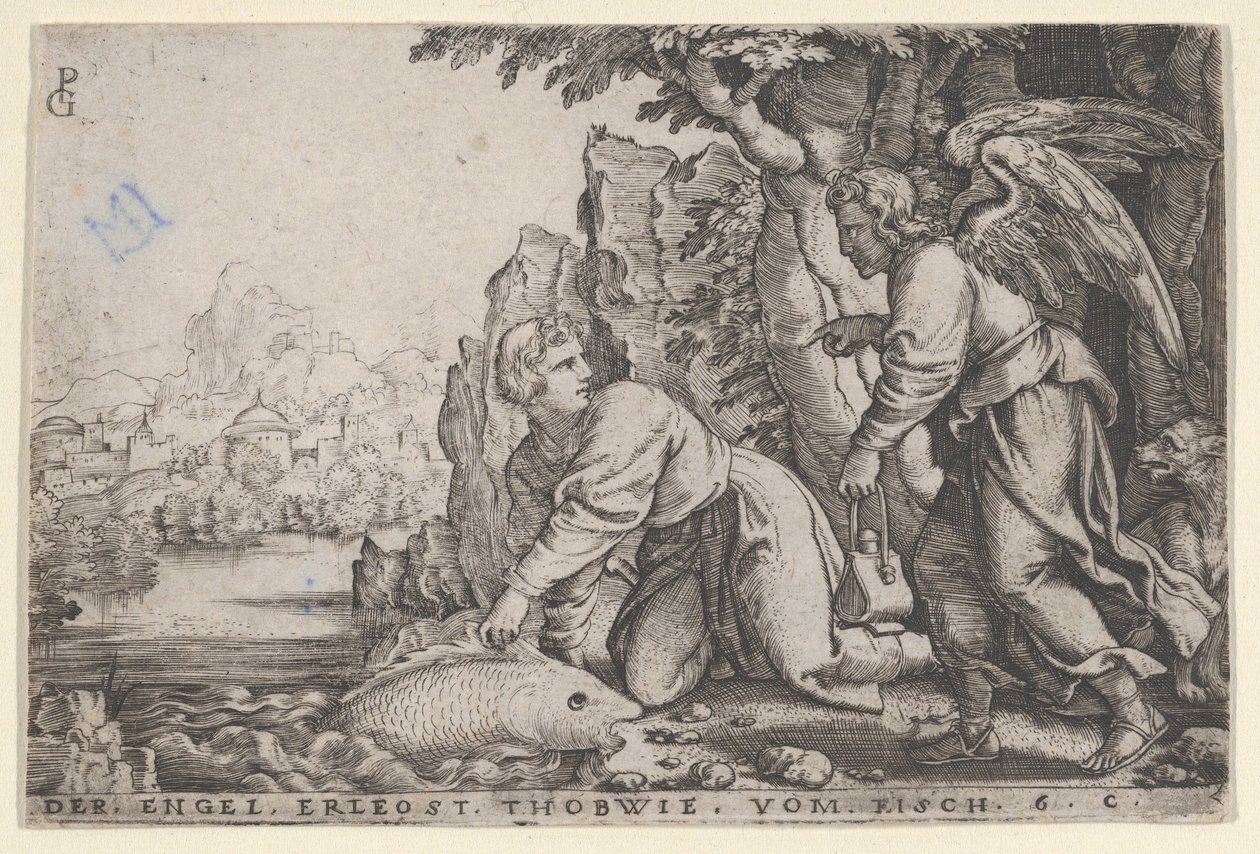 Tobiolus chytá ryby, z Příběhu Tobiáše, 1543. od Georg Pencz