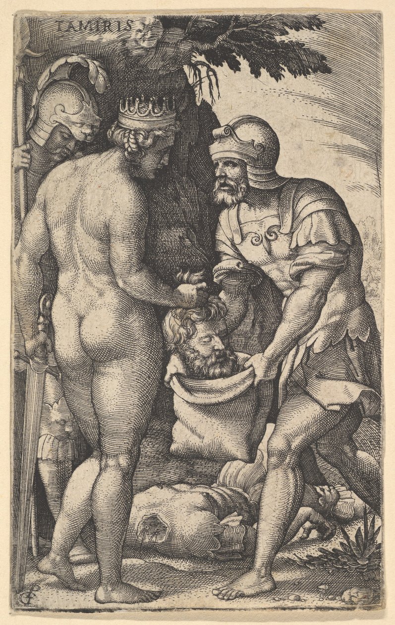 Tomyris, zobrazený nahý zezadu, vkládá hlavu Cyruse do pytle, který drží voják..., ca. 1539. od Georg Pencz