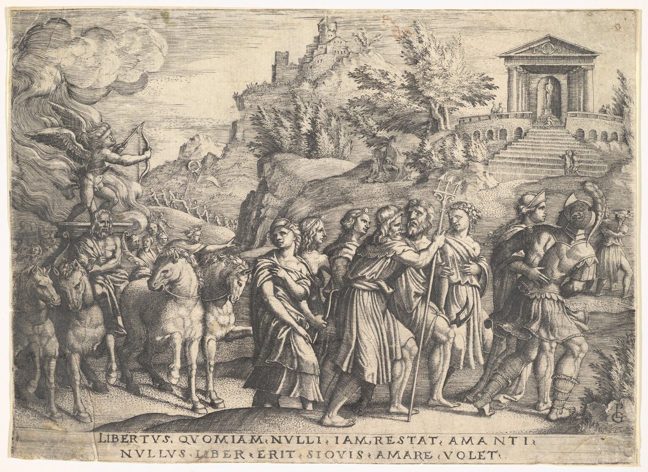 Triumph of Love: čtyři koně táhnou kočár s Cupidem stojícím na kouřící plošině..., ca. 1539. od Georg Pencz