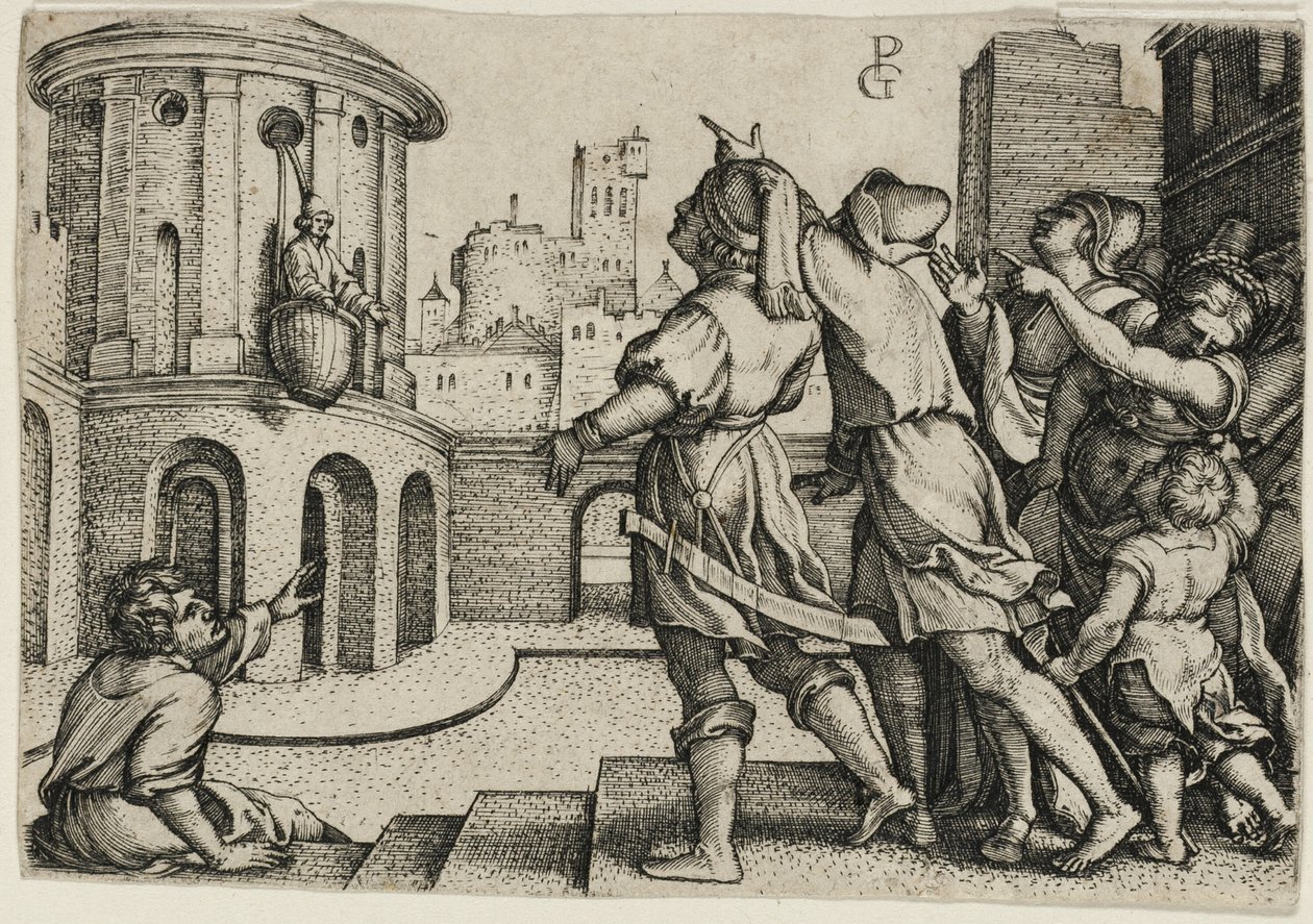 Virgil zavěšený v koši, kopie od Georg Pencz