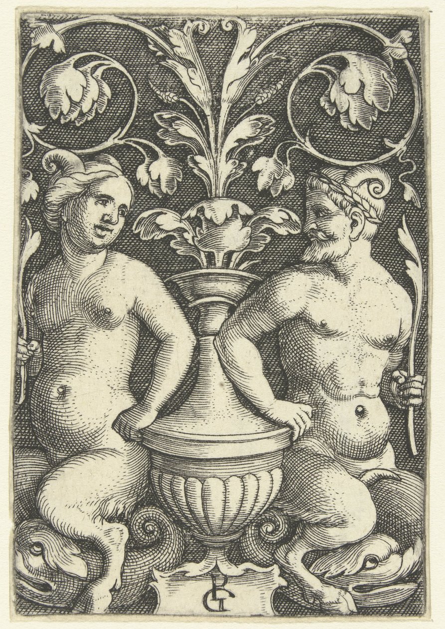 Ženský a mužský satyr Povrchové dekorace s groteskami a listovými liánami (název série) od Georg Pencz
